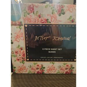 Betsey Johnson 6 piece queen sheet set forever rose bow pink white ribbons NWT